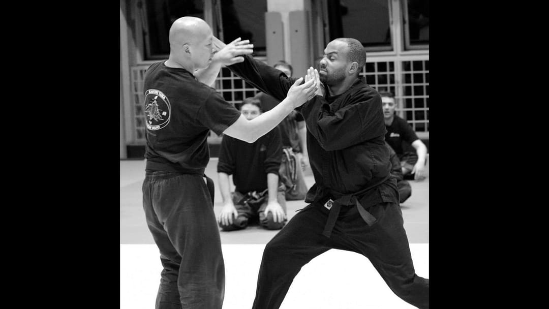 Jeff demonstrating a technique at the Budokan in Ayase, Japan with his student, Naim Brown.